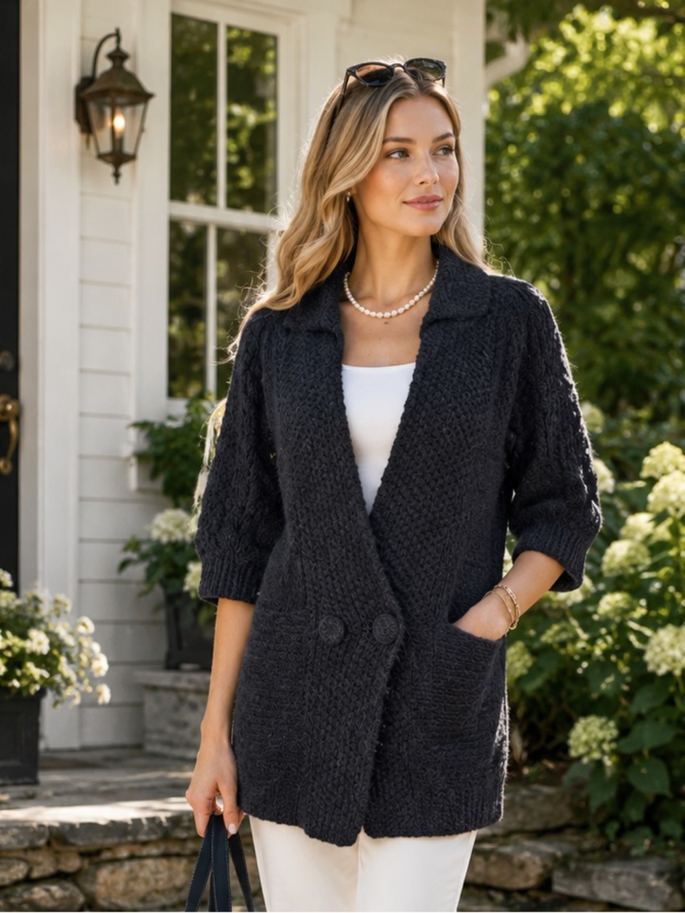 SISTERS Coastal Grandma Wool Chunky Charcoal Cabled Cardigan Sweater, L